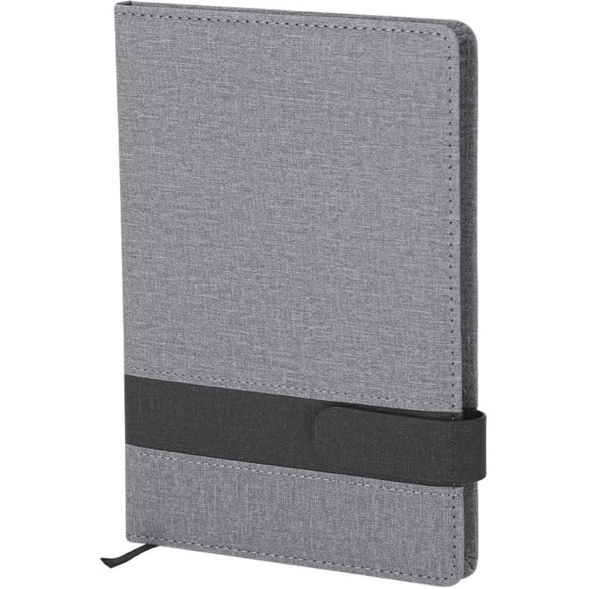 A grey notepad with a sleek fabric cover and a black elastic band providing closure.