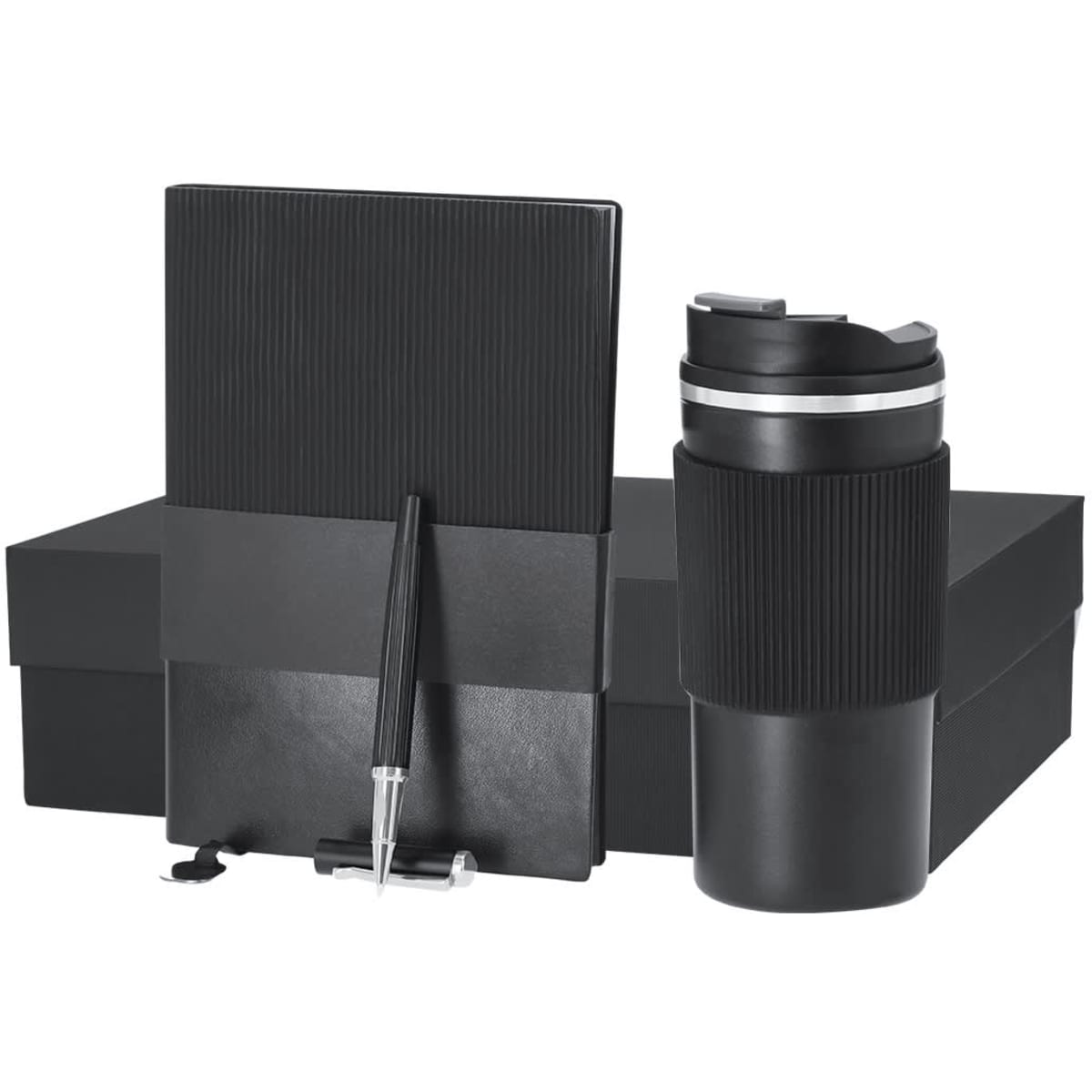 A drink bottle, a notebook, and a pen in a black gift box, featuring a sleek design and a logo.