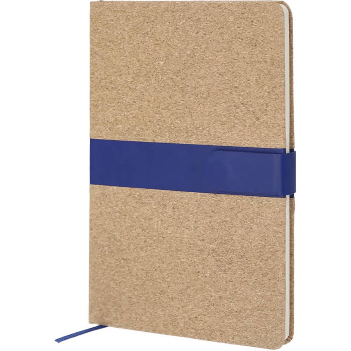 A cork-covered notebook with a blue elastic band, featuring a ribbon bookmark. The cover has a natural texture.