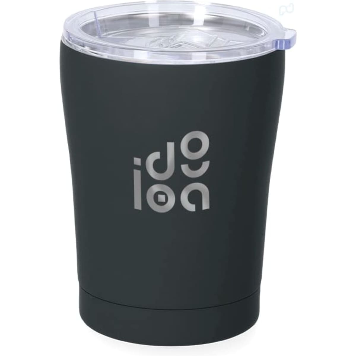 A drink bottle in matte black with a clear lid and a logo on the side. Suitable for travel and insulated to keep drinks warm or cold.