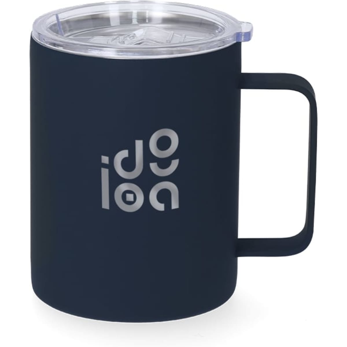 An insulated travel mug in navy blue with a clear lid and a handle, featuring a logo.