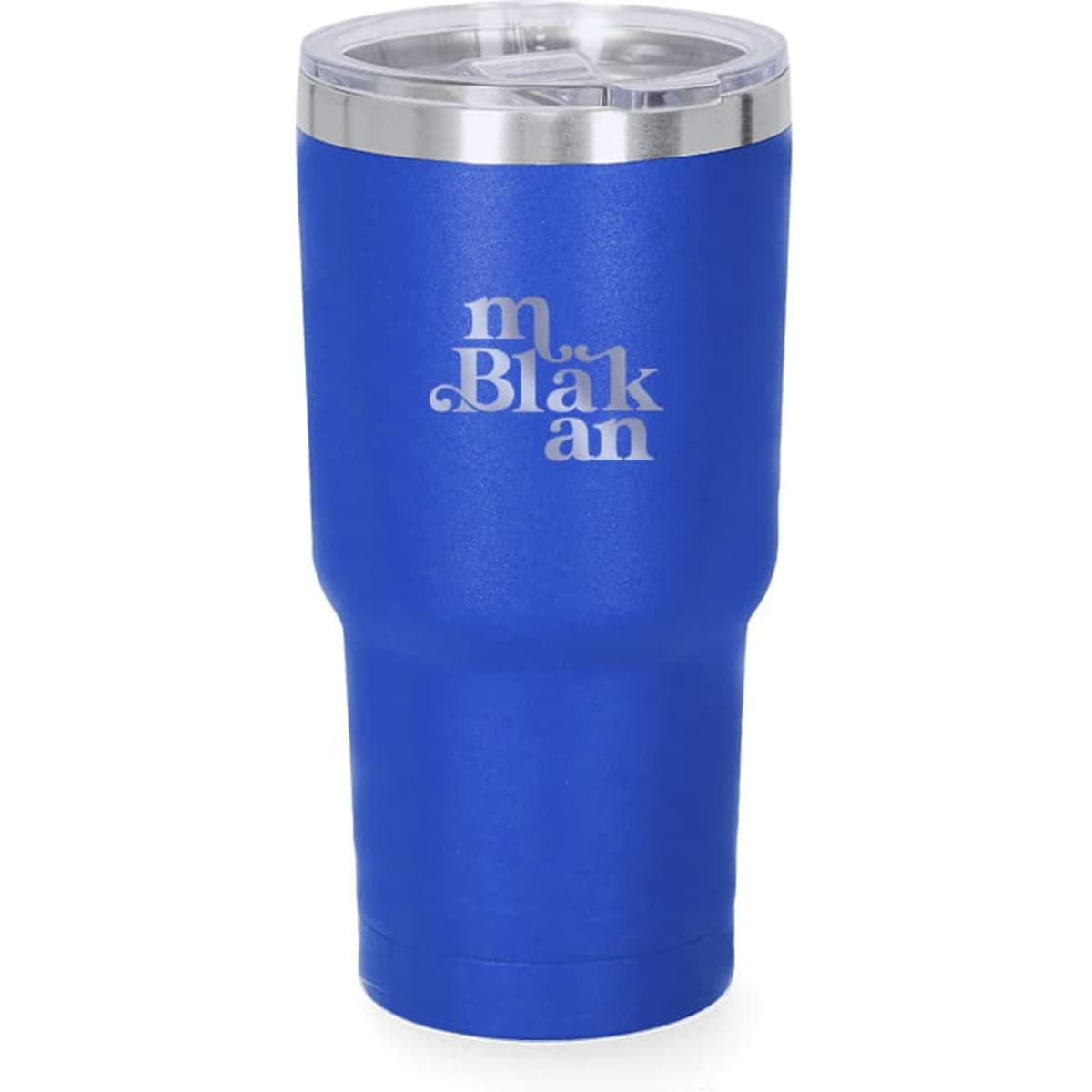 A blue insulated travel mug with a stainless steel lid and a logo on the front.
