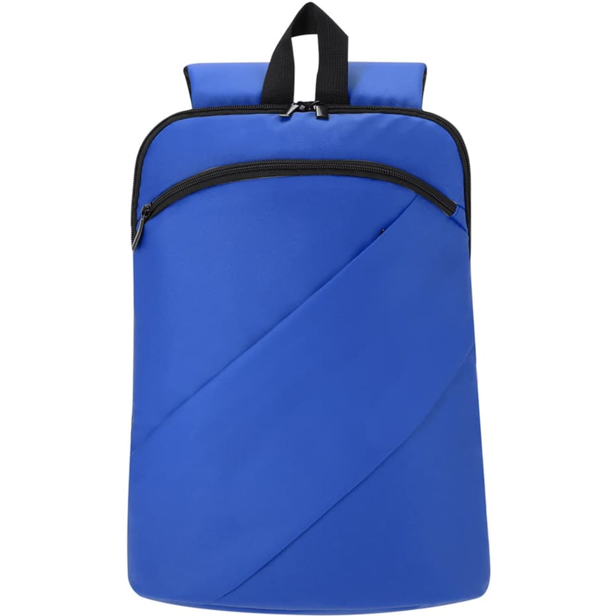 A blue backpack with a diagonal design and a front zip pocket, featuring a black handle and accents.