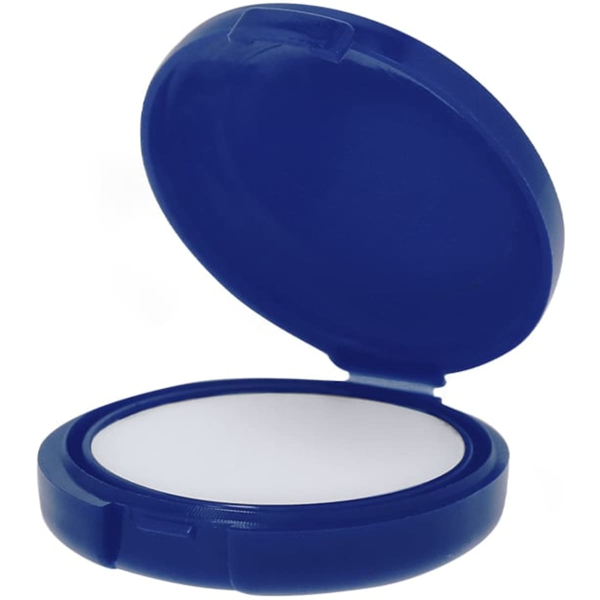 A blue lip balm container with a round shape, featuring a white interior, that has a logo on the lid.