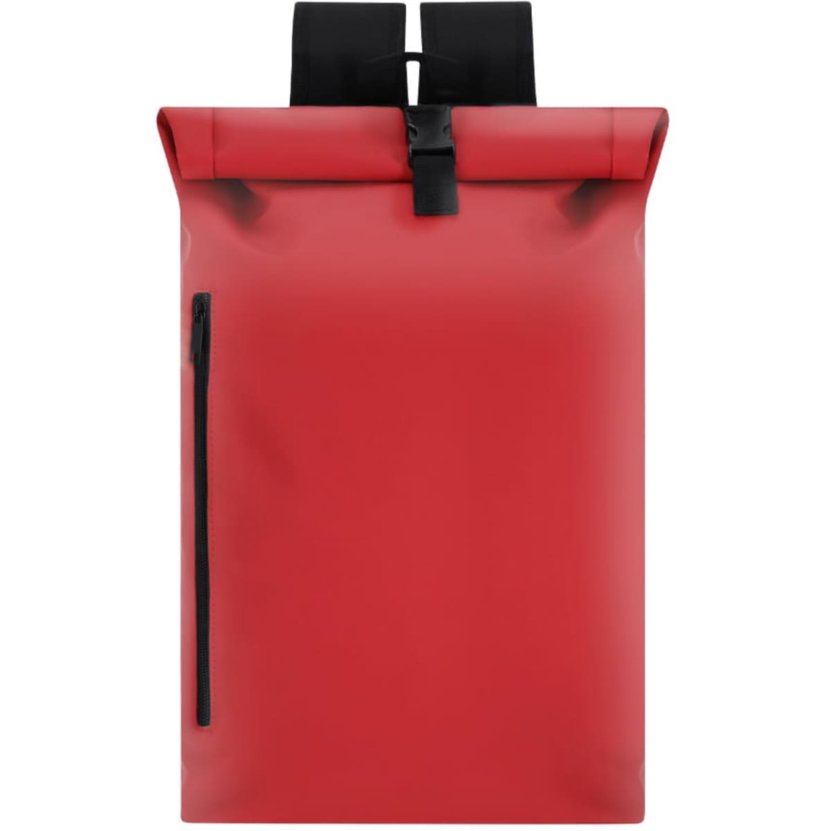 A red backpack featuring a roll-top design and a side zip pocket. It has black straps and a minimalist look.