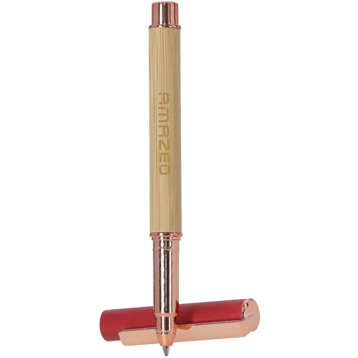 A pen with a bamboo body and rose gold accents, featuring a red cap. It has a branding logo.