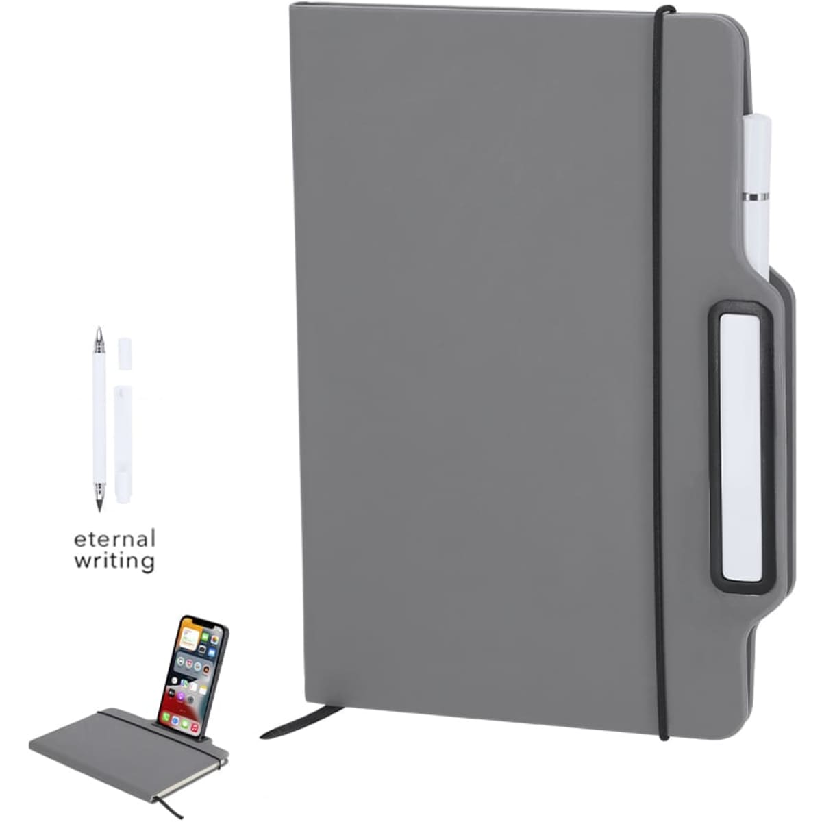 A grey notebook with a pen holder, featuring a compartment for a mobile device and a black elastic closure.