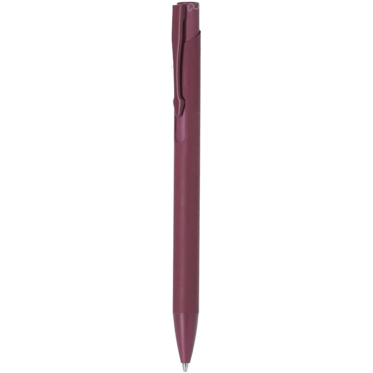 A metal pen in burgundy, featuring a clip and a sleek design, with a logo on the side.