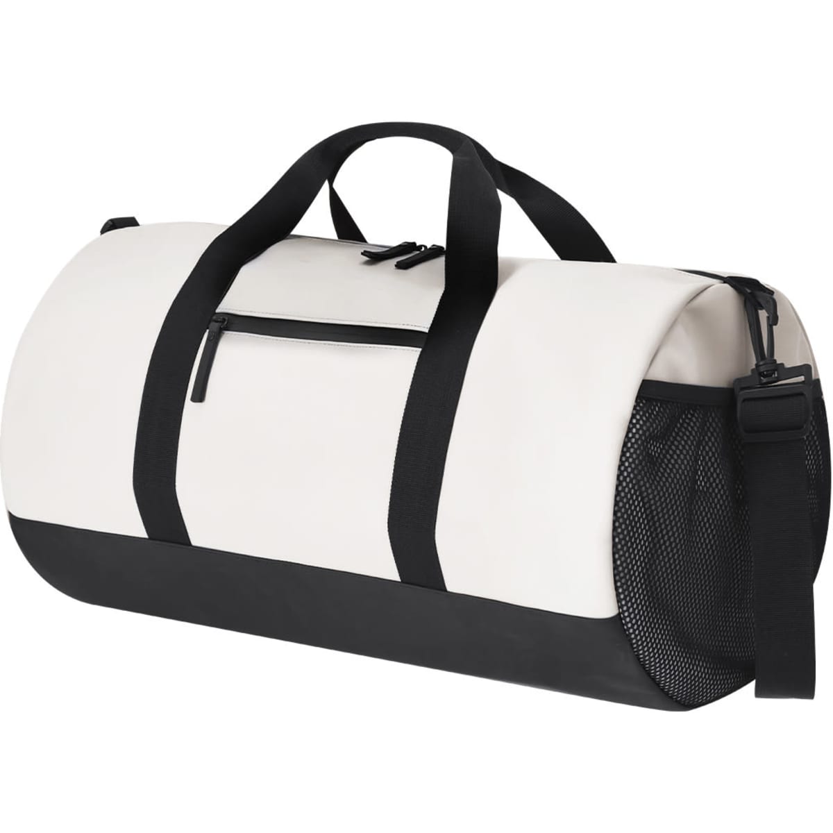 A duffle bag in cream and black with handles, a shoulder strap, and mesh side pocket. It features a logo.