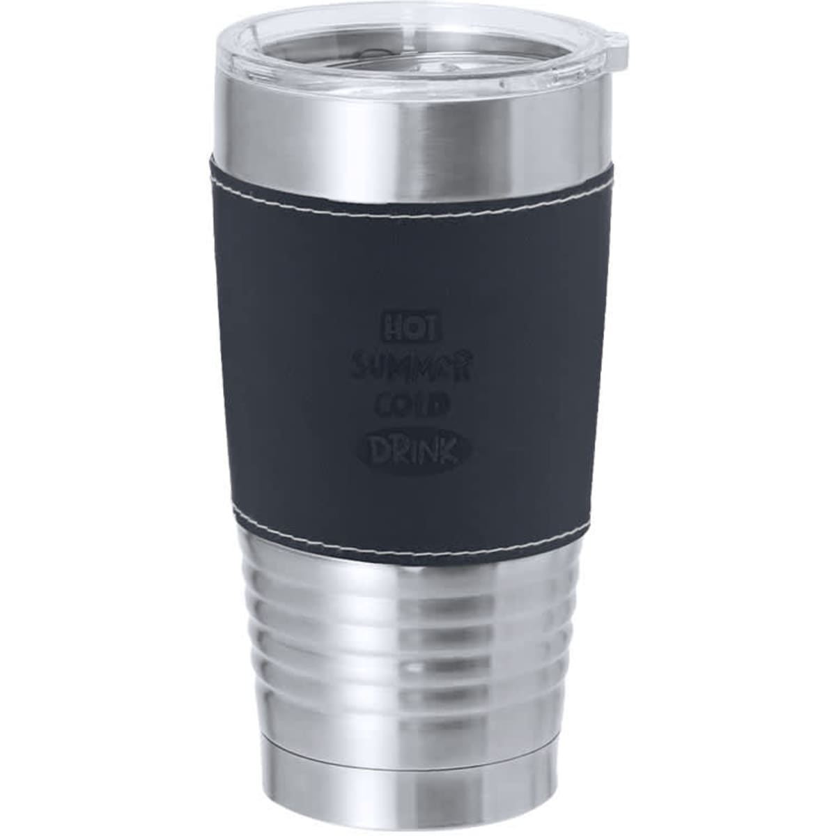 A drink bottle with a stainless steel body and a black silicone sleeve, featuring a clear lid and a logo.