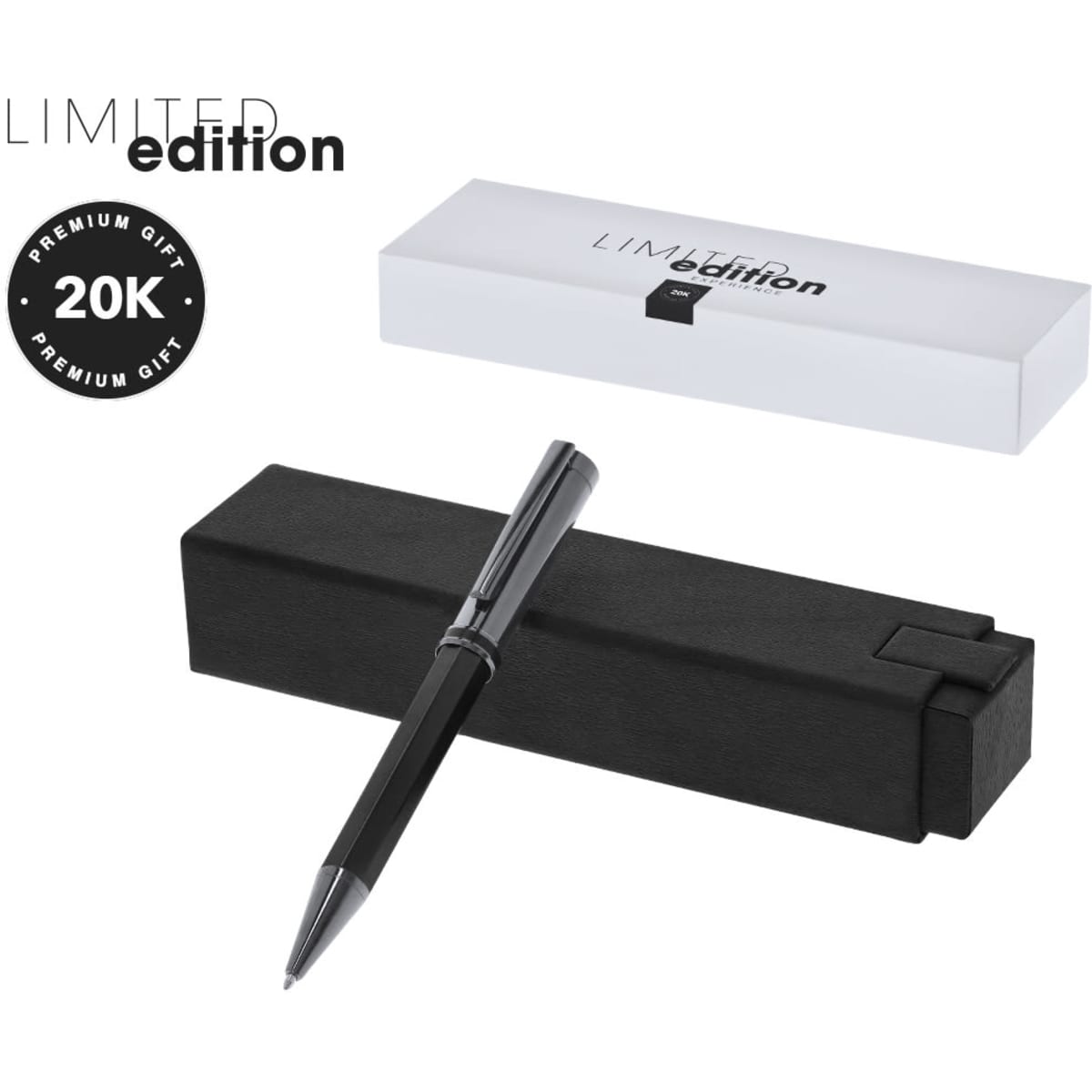 A black metal pen displayed above a white and black box, featuring a logo and labelled as a limited edition item.