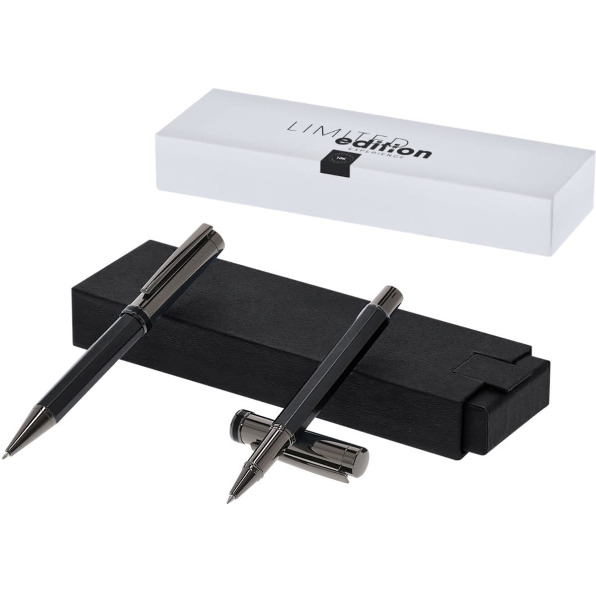 A black metal pen set in a white box with a logo, featuring two pens in a sleek, modern design.