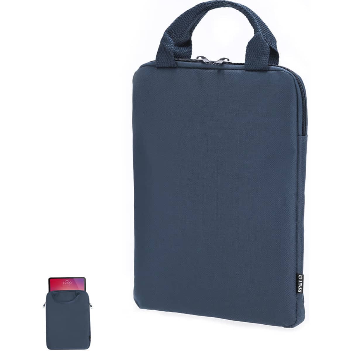 A navy tablet pouch with handles and a zip closure. It features a logo and is designed for device protection.