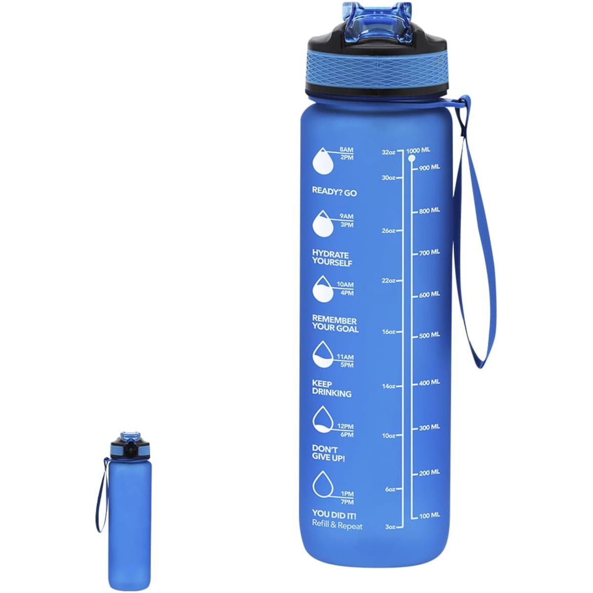 A drink bottle in vibrant blue, featuring measurement markings and a carrying strap, with a logo on the side.