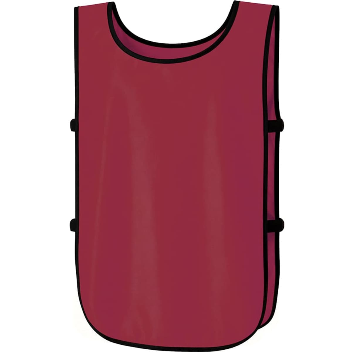 A maroon sports bib with black trim and side fastenings, featuring a branding logo.