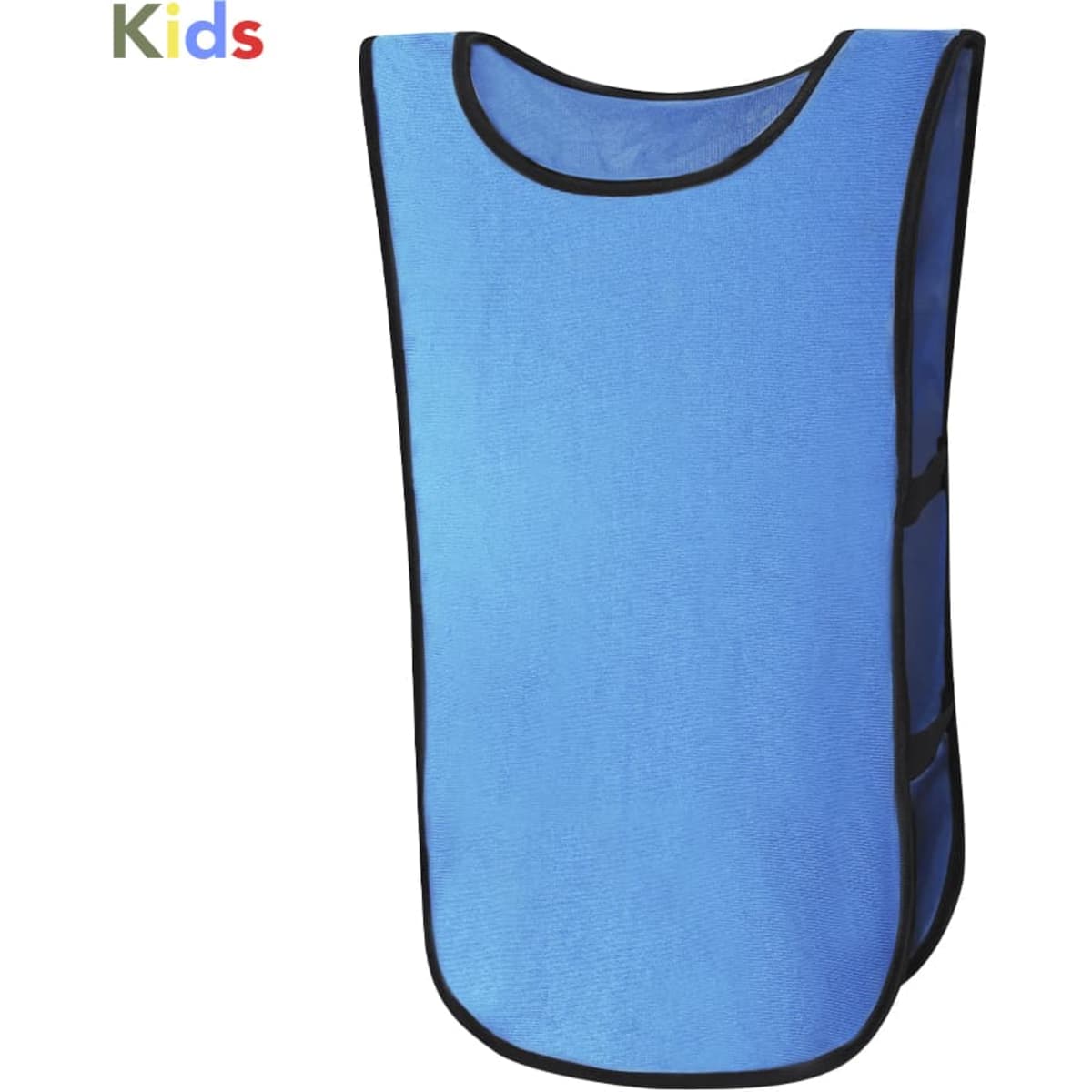 A blue sports bib with black trim, featuring a logo, designed for kids’ activities.