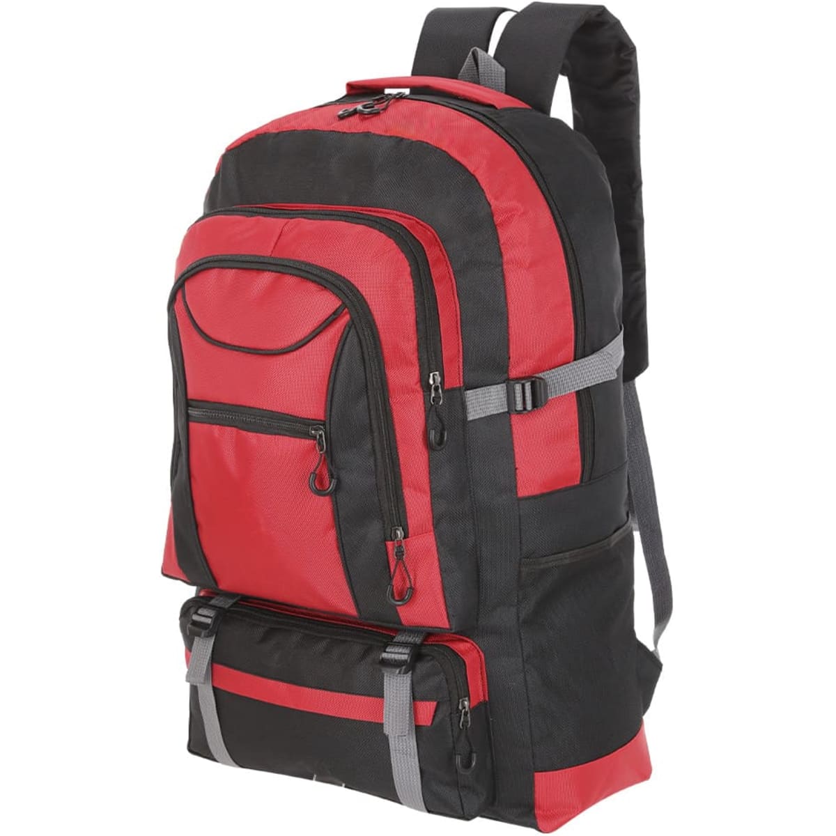 A black and red backpack with multiple compartments and grey straps, featuring a logo.
