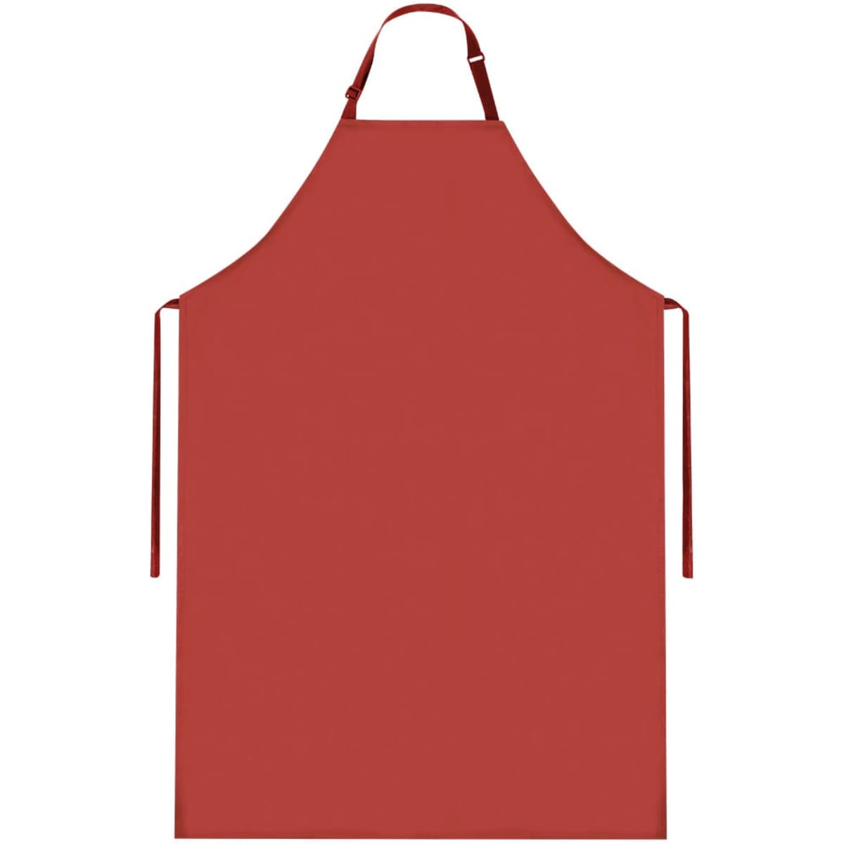 A red apron with an adjustable neck strap and ties on the sides. It features a simple design and has a logo.