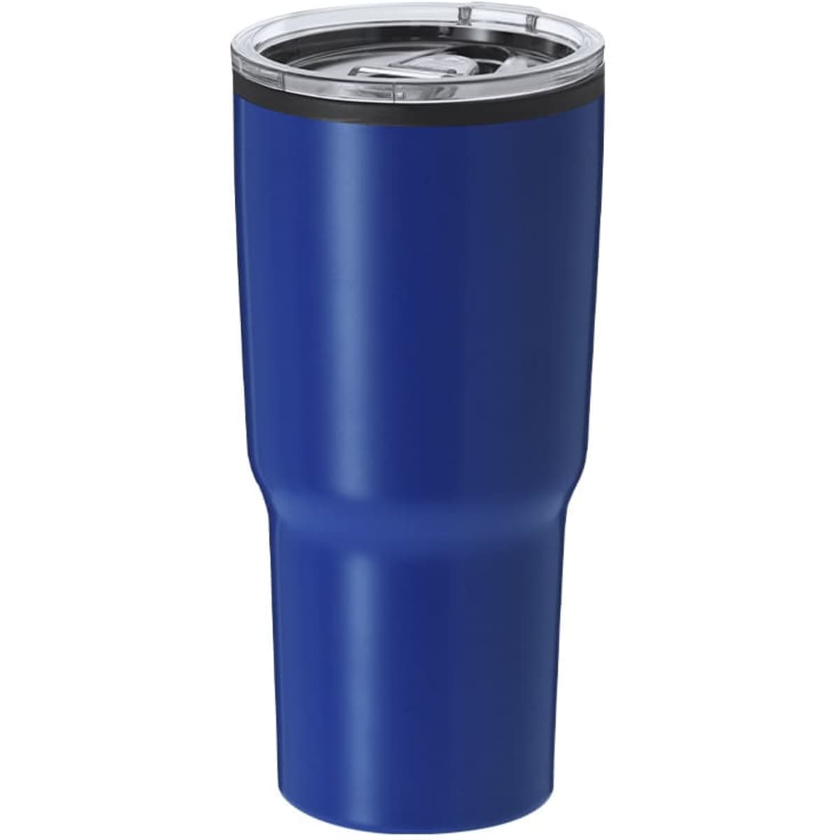 A drink bottle in a blue finish with a clear lid and a black rim, featuring a logo on the side.