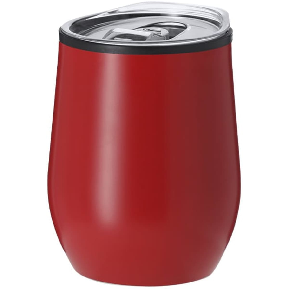 A red insulated travel mug with a stainless steel lid and a smooth, curved design. It features a logo.