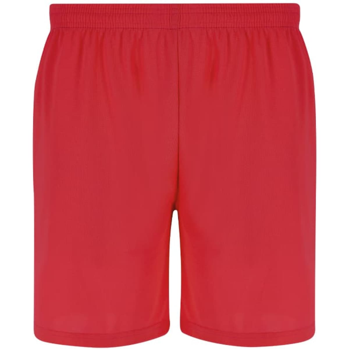 Red shorts with an elastic waistband and a simple design, featuring a logo on the side.