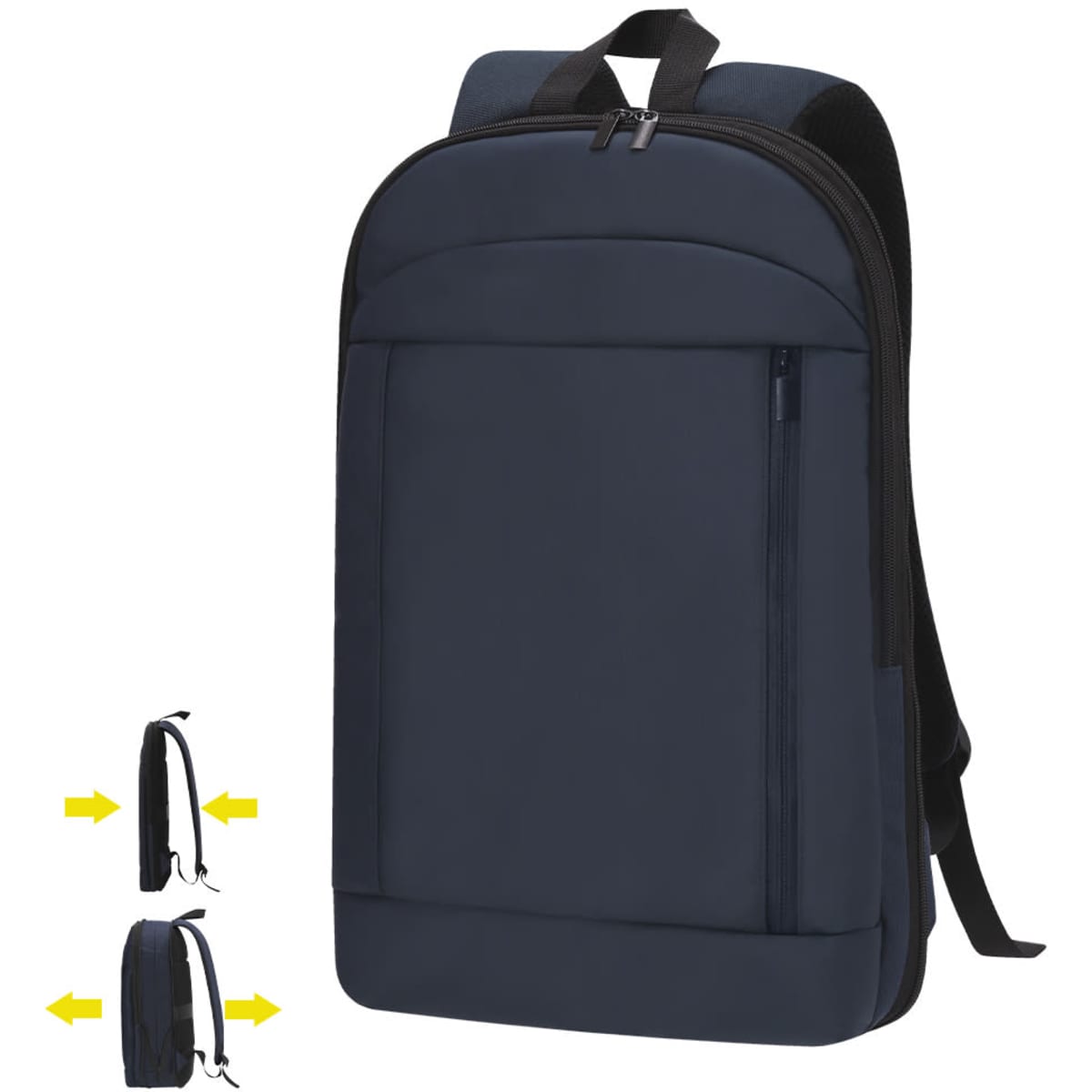A navy blue backpack with a sleek design, featuring a front zip pocket and adjustable straps. It has a logo.