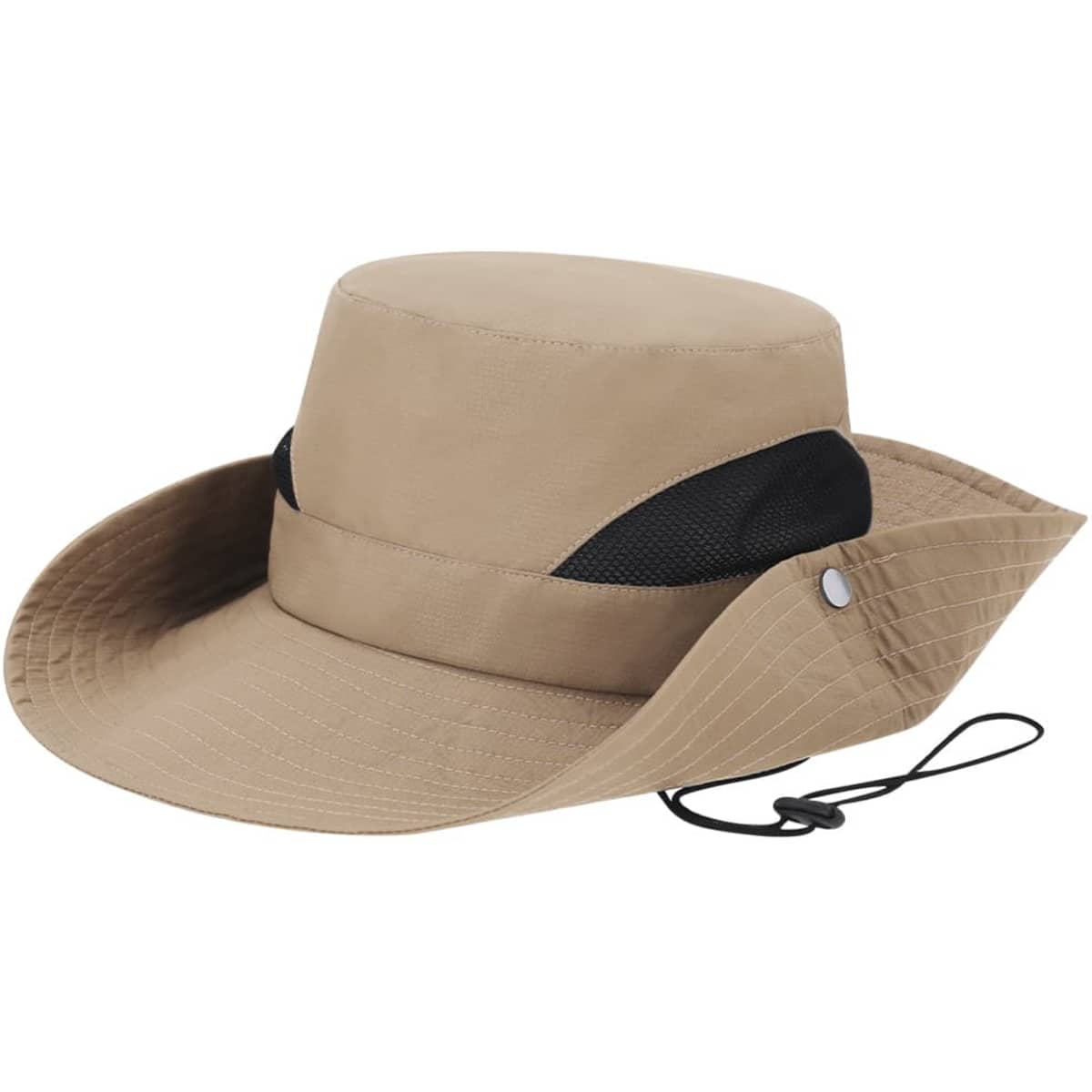 A beige brimmed hat with a black mesh band and adjustable chin strap, suitable for outdoor wear.