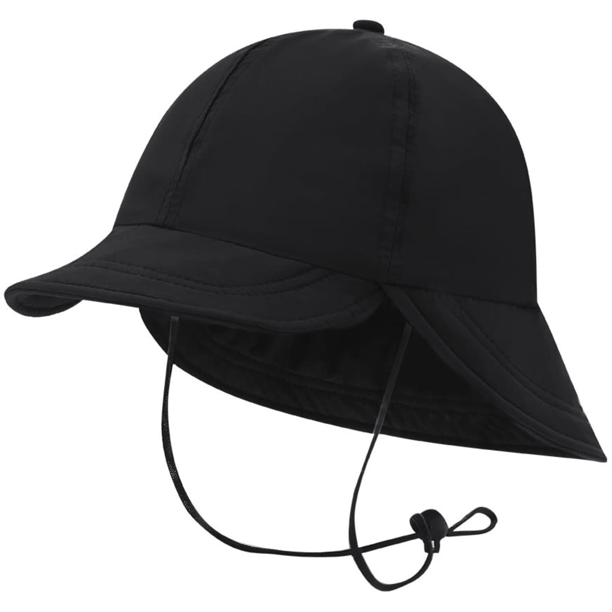 A black cap with a wide brim and adjustable chin strap, featuring a logo on the side.
