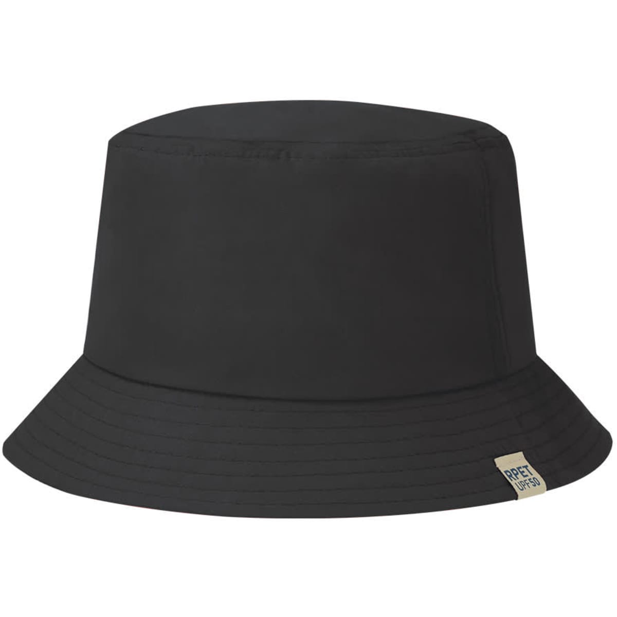 A black bucket hat featuring a round crown and wide brim, with a small branding label.