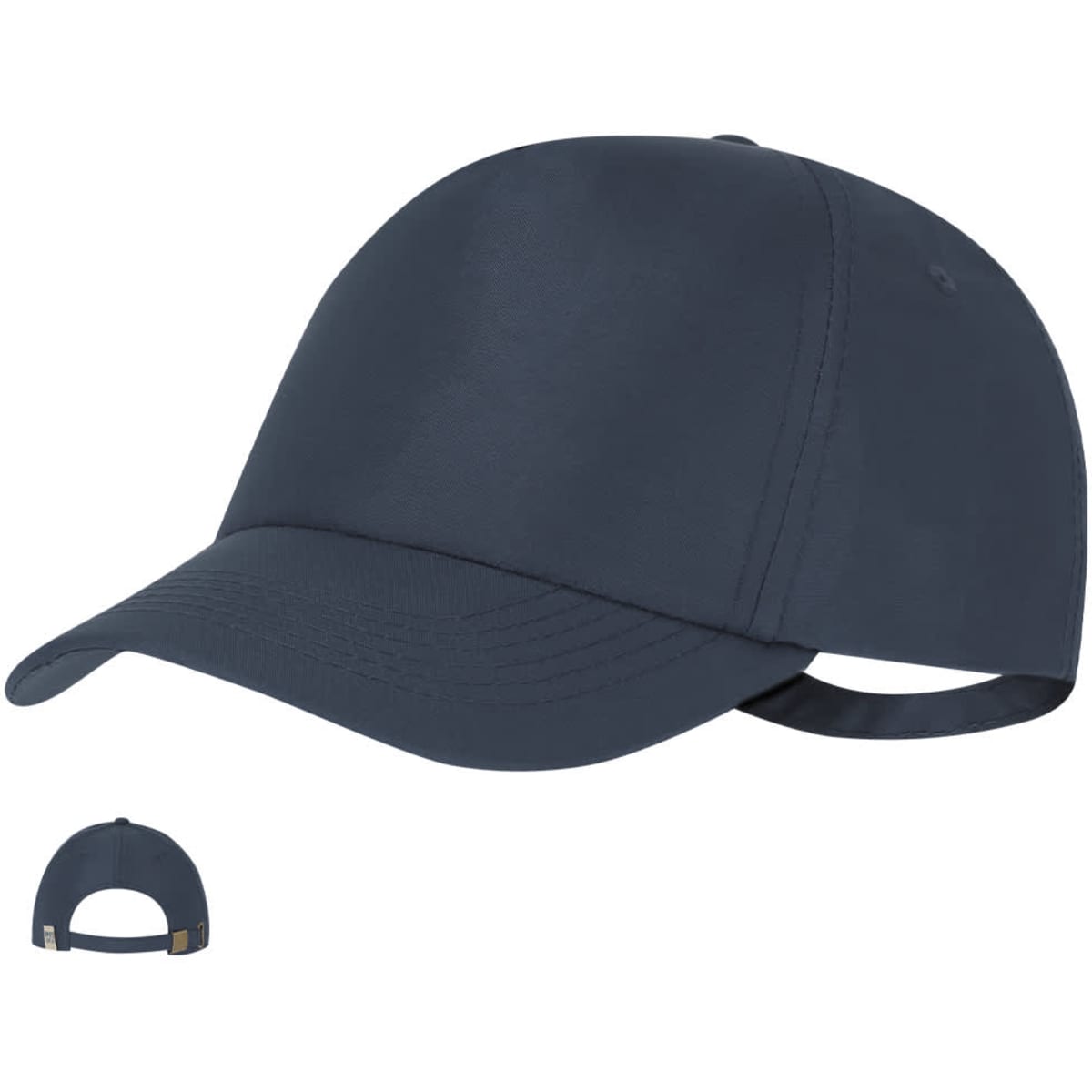 A navy blue cap featuring a curved brim and an adjustable strap at the back. The cap includes a logo on the side.