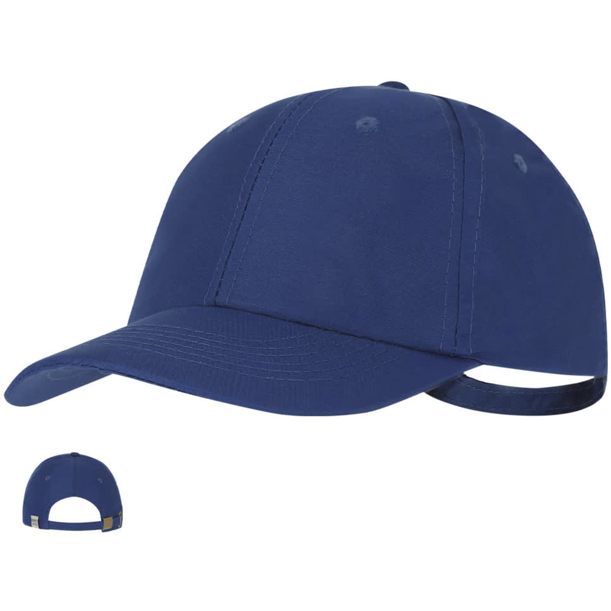 A navy blue cap with a curved brim and adjustable strap at the back, featuring a logo.