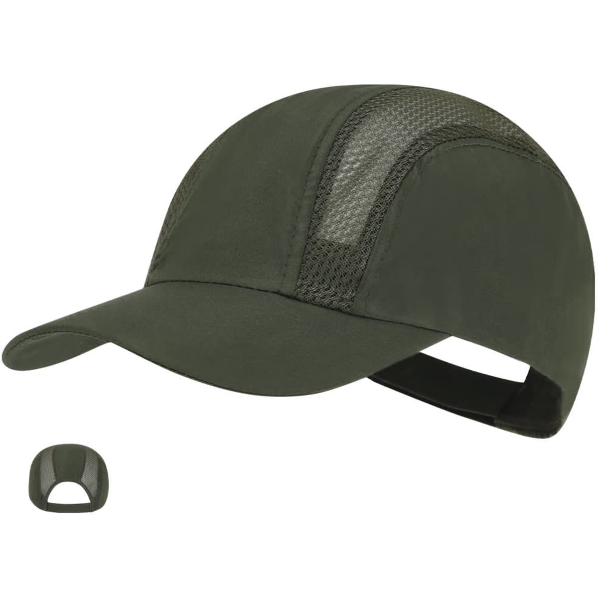 A green cap featuring a mesh panel and an adjustable strap at the back. It includes a logo on the front.
