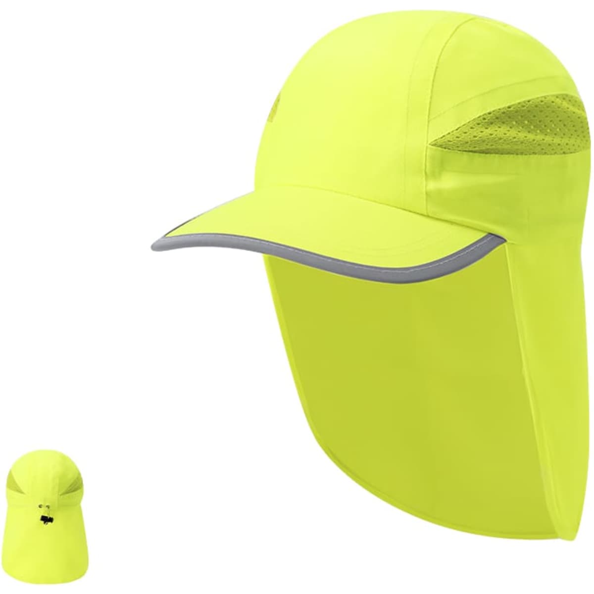 A bright yellow cap with a long back flap and mesh panels, featuring a curved brim and a logo.