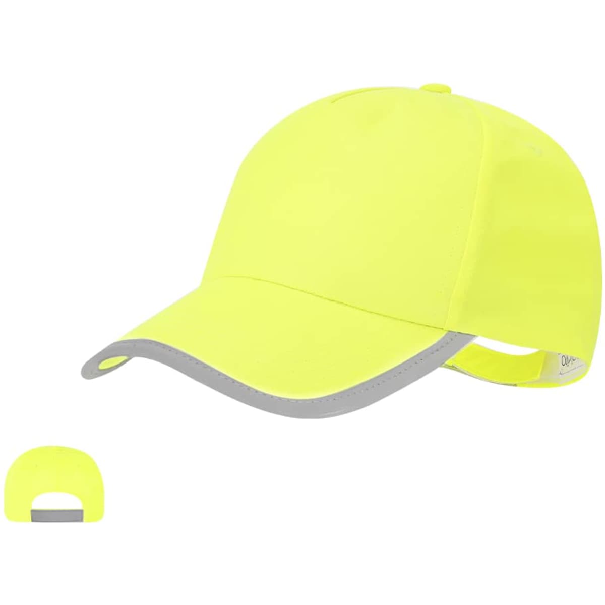A bright yellow cap with a grey trim and a logo, featuring a curved peak and an adjustable strap.