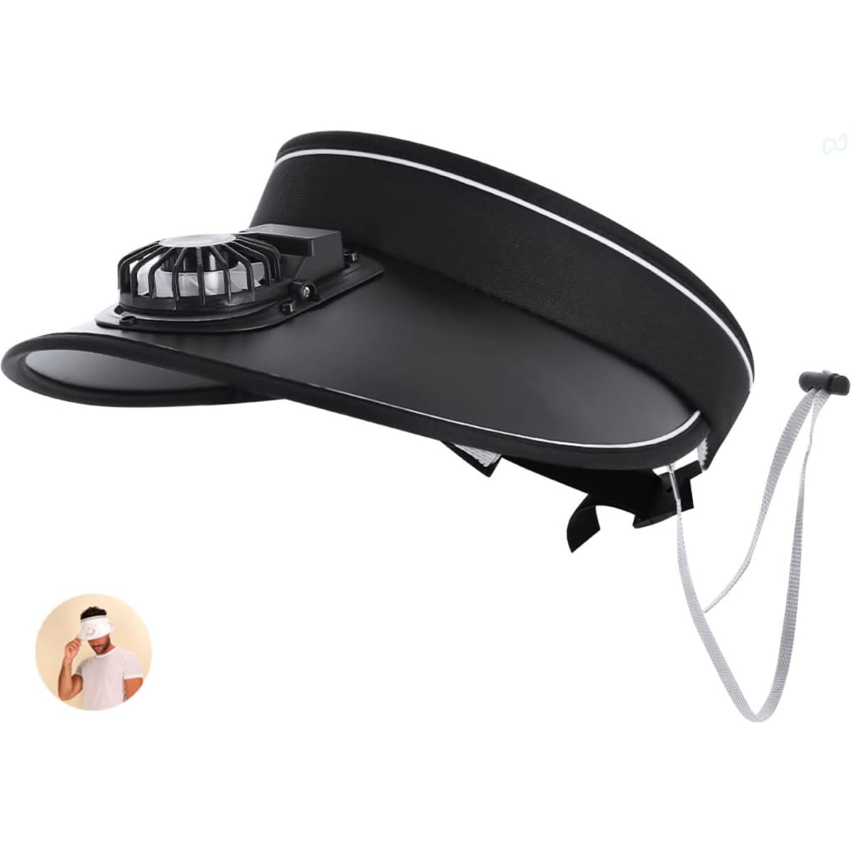 A black visor cap featuring a fan attachment, with a sleek design and adjustable strap.