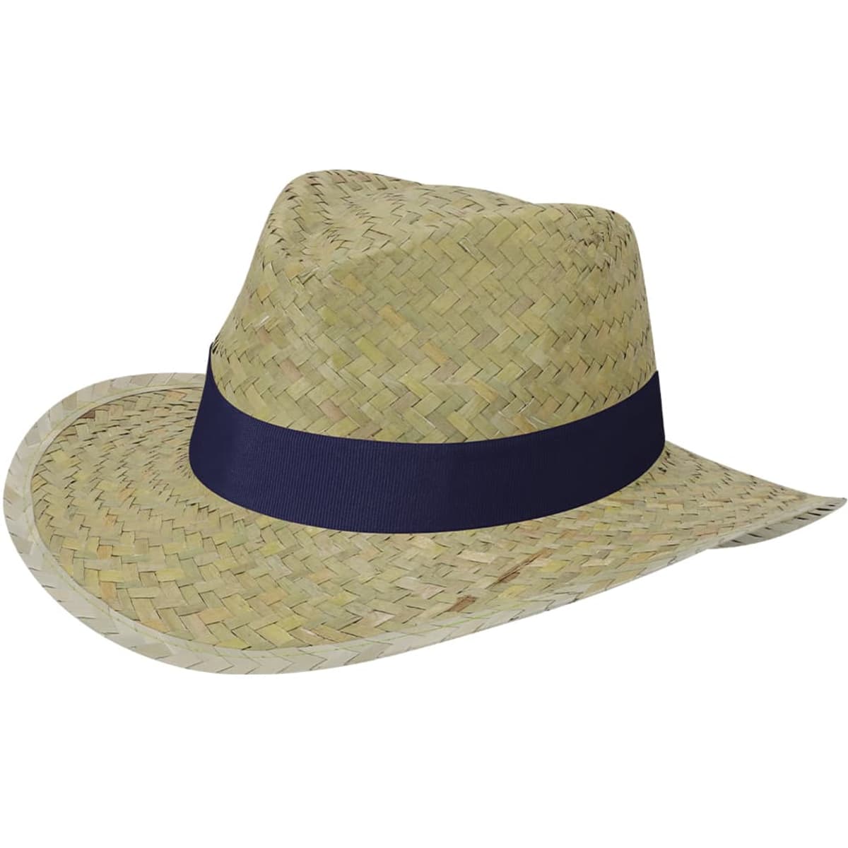 A straw hat featuring a wide brim and a navy blue band around the crown. It has a woven texture in beige tones.