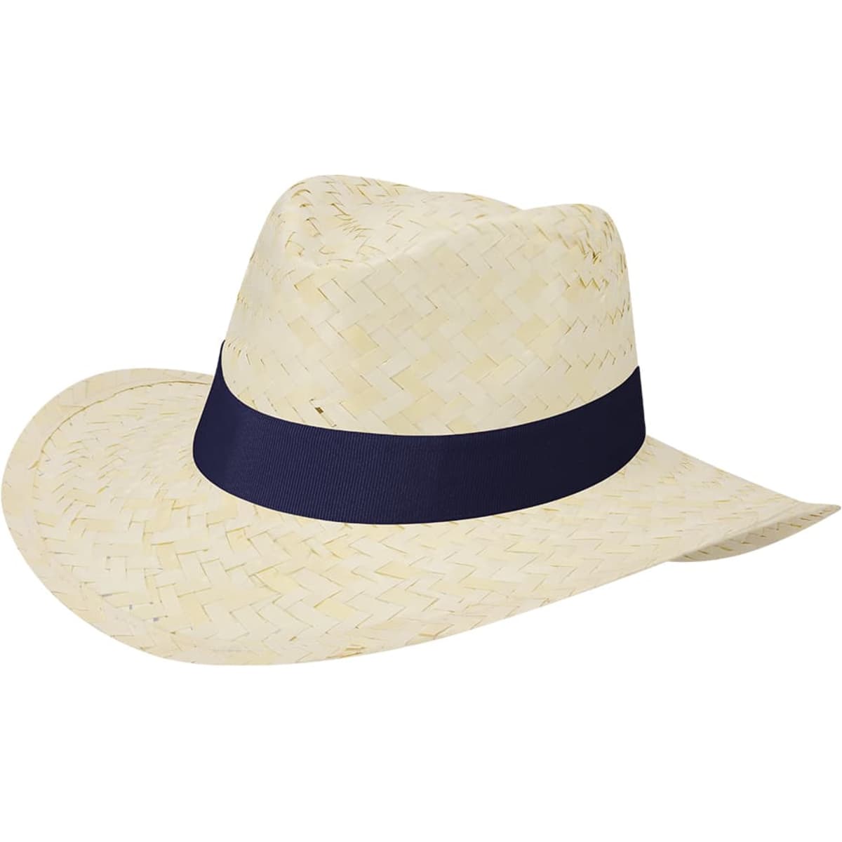 A straw hat in a light cream colour with a dark navy band, featuring a logo.