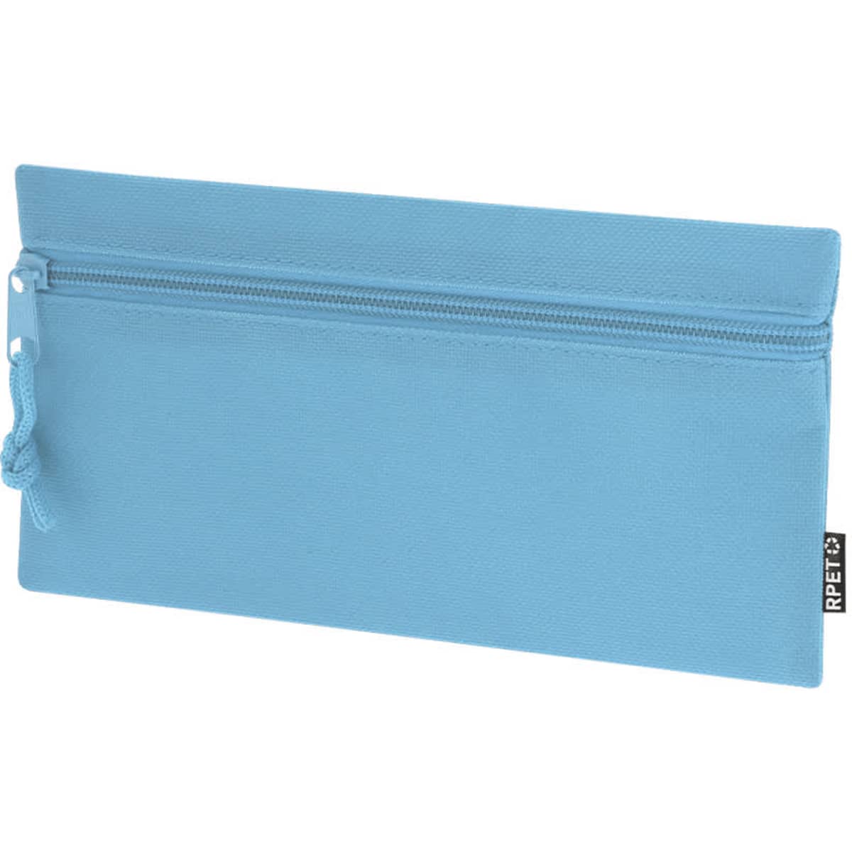 A blue pencil case with a zip closure and a zip pull, featuring a small logo on the side.