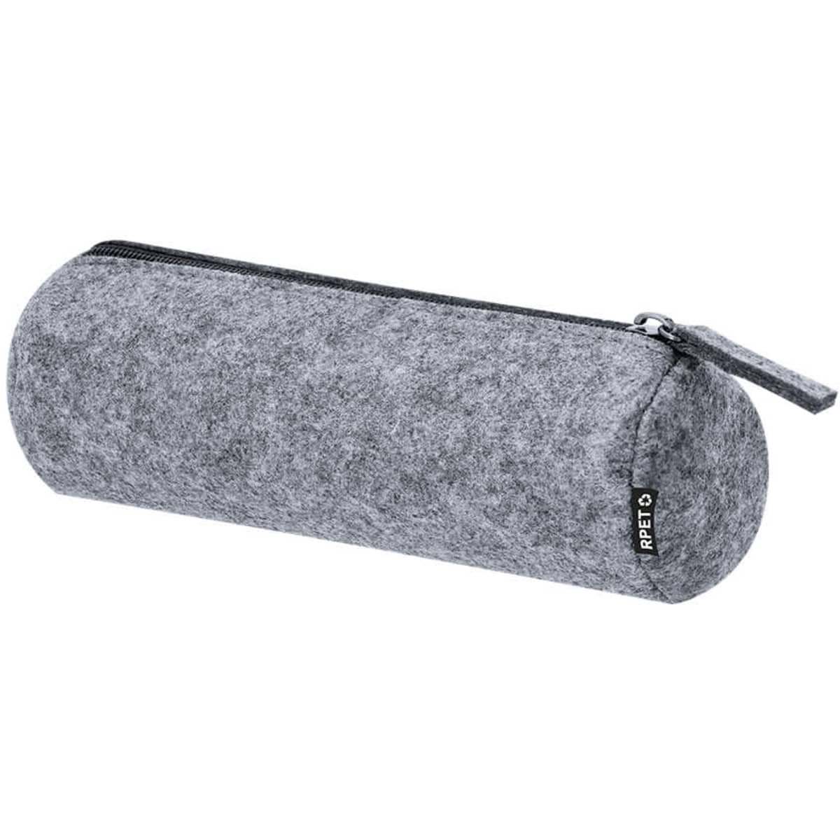 A grey pencil case made from felt, featuring a zip closure and a small attached zipper pull.