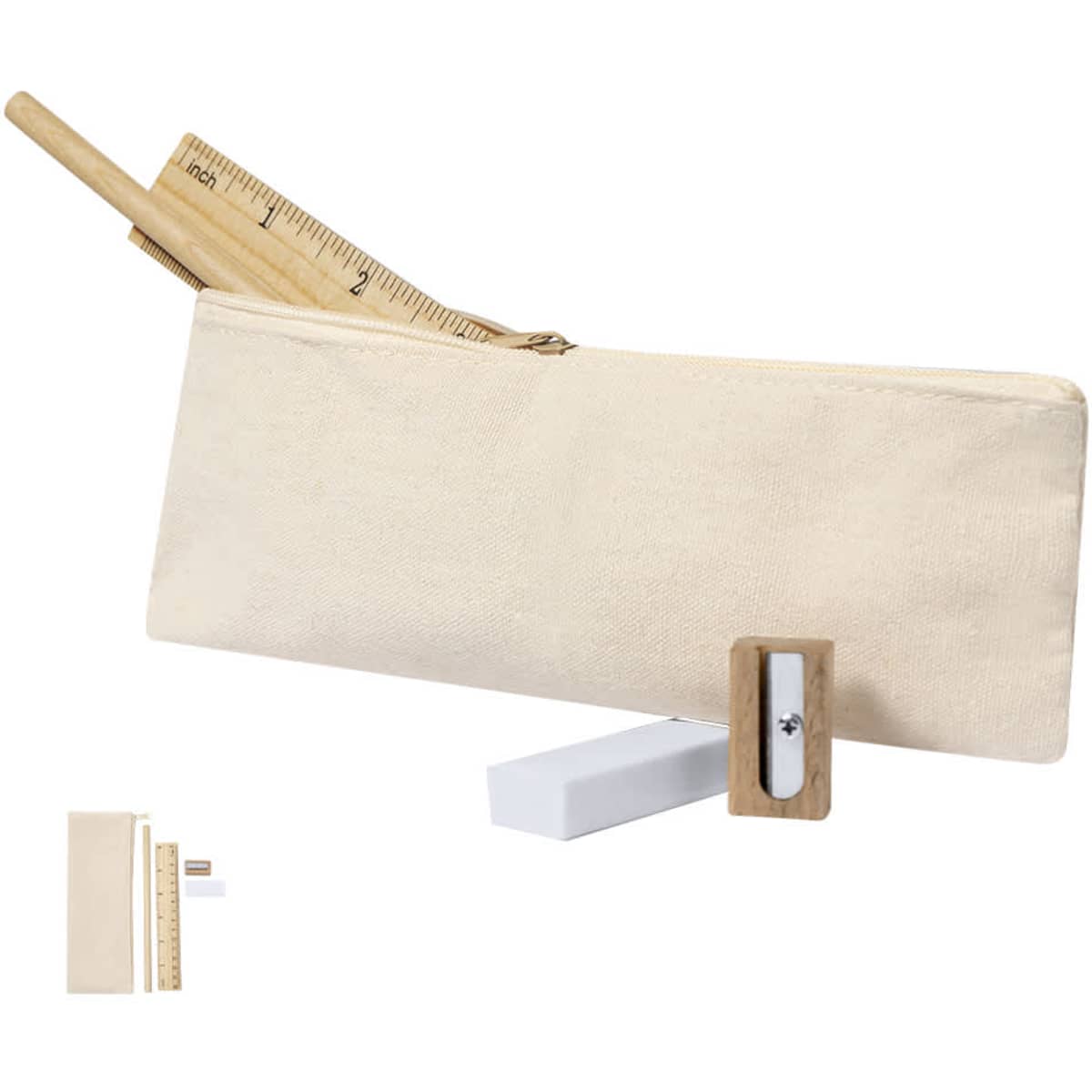 A beige pencil case containing a wooden ruler and pencil, featuring a minimal design and a logo.