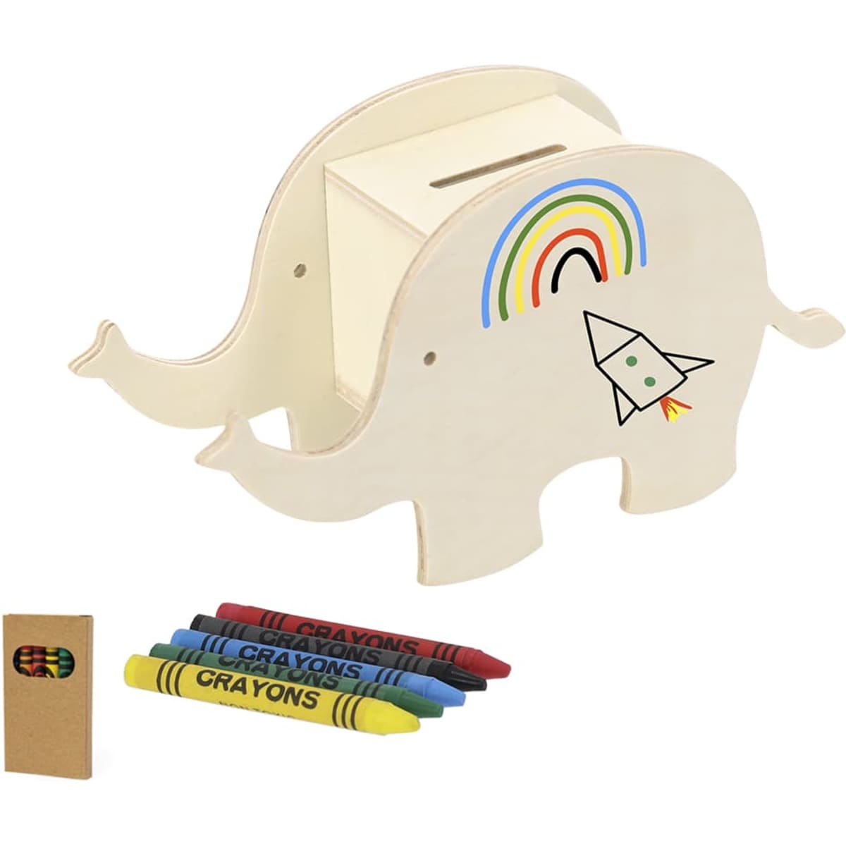 A wooden elephant-shaped money box in natural colour with a rainbow design, accompanied by a set of colourful crayons.