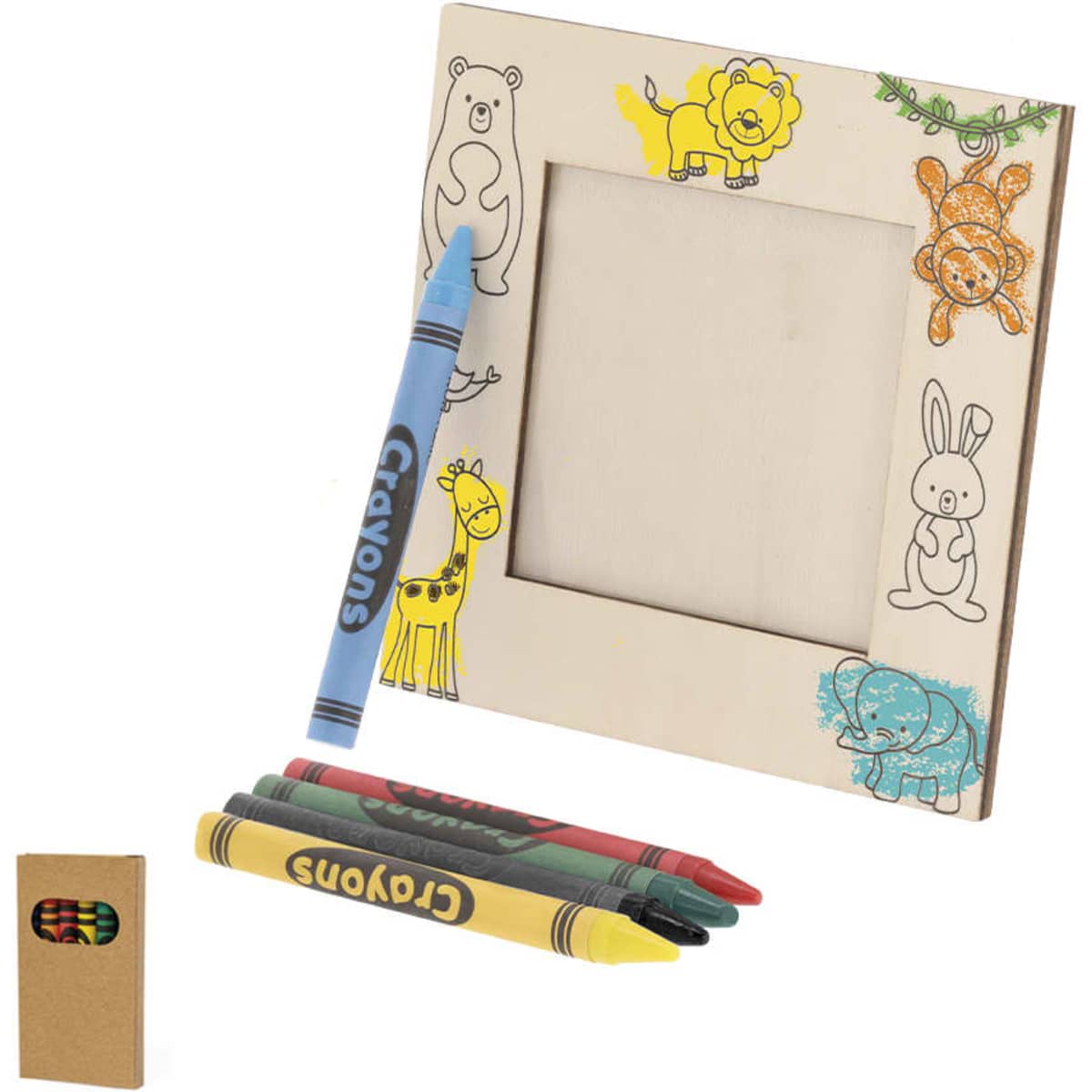 A photo frame in light wood with animal illustrations and four crayons in assorted colours. It includes a small crayon box.
