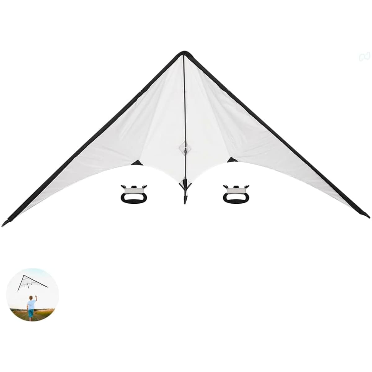 A white and black kite featuring a triangular shape with handles on each side, designed for outdoor leisure activities.