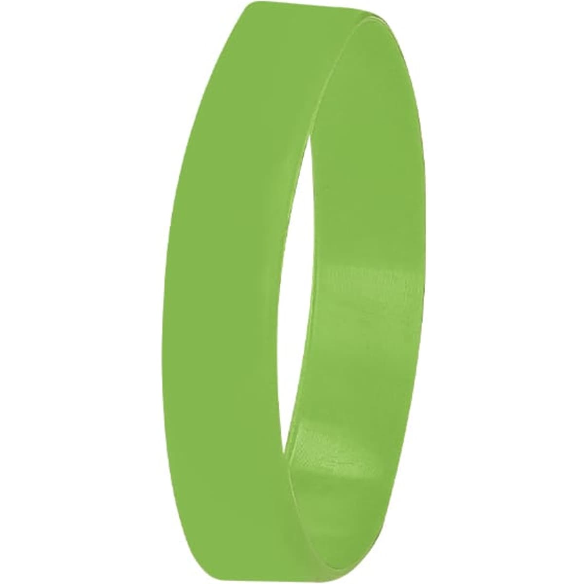 A green silicon wristband with a smooth finish, featuring a branding logo.