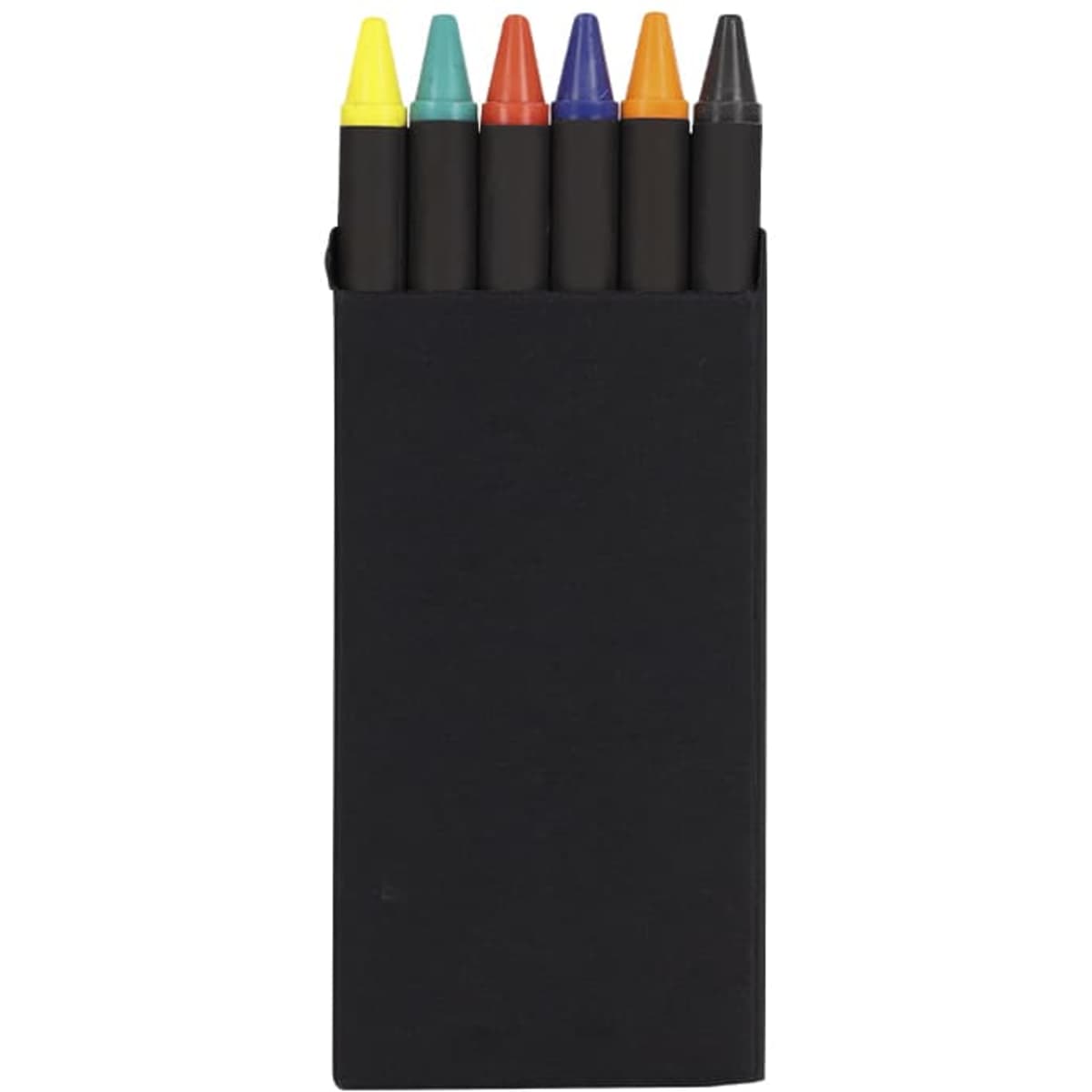 A set of six vibrant felt-tip pens in a black holder, featuring yellow, orange, red, green, blue, and purple colours.
