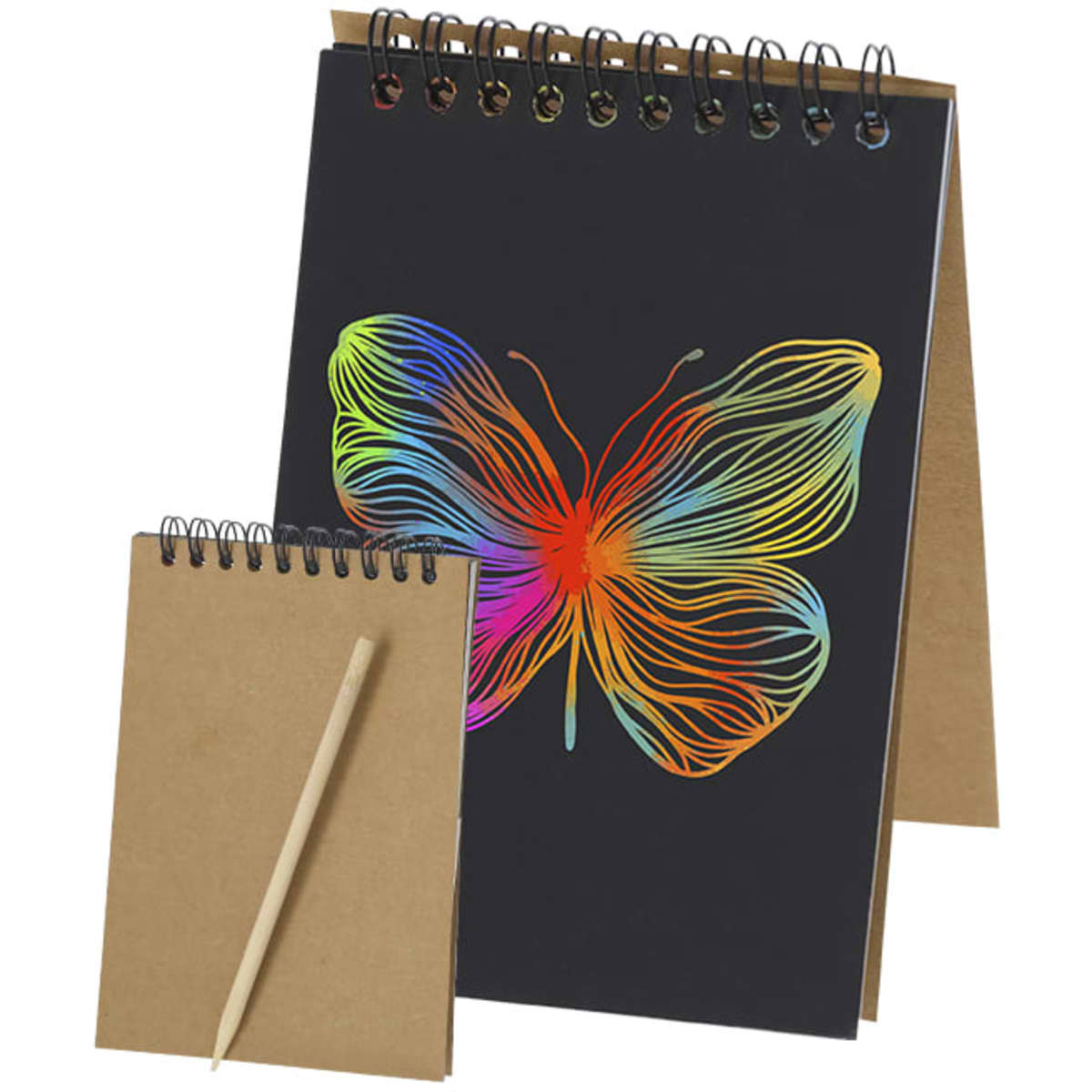 A large black notebook with a colourful butterfly design and a smaller kraft notebook with a wooden pencil.