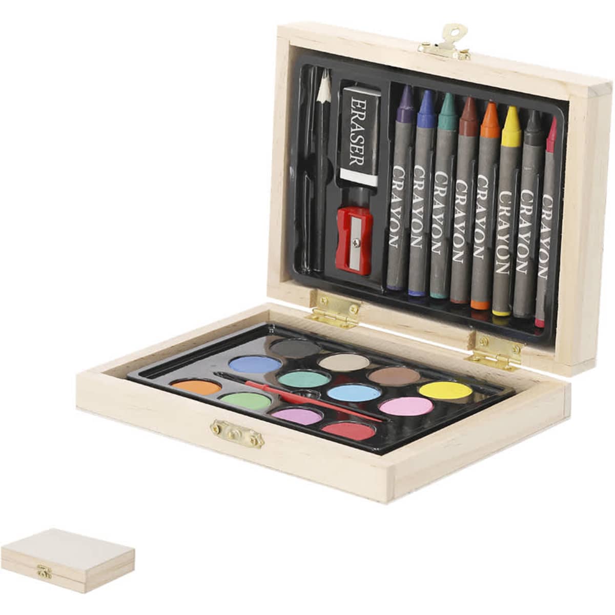 A wooden art set containing watercolours, crayons, an eraser, and a sharpener in a compact case.