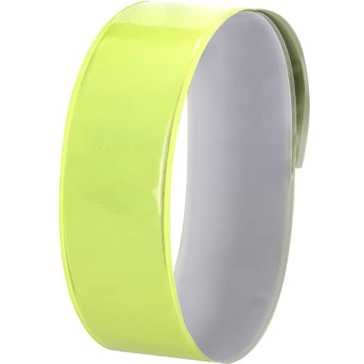 A bright yellow wristband with a glossy finish, featuring a plain interior and a smooth texture.