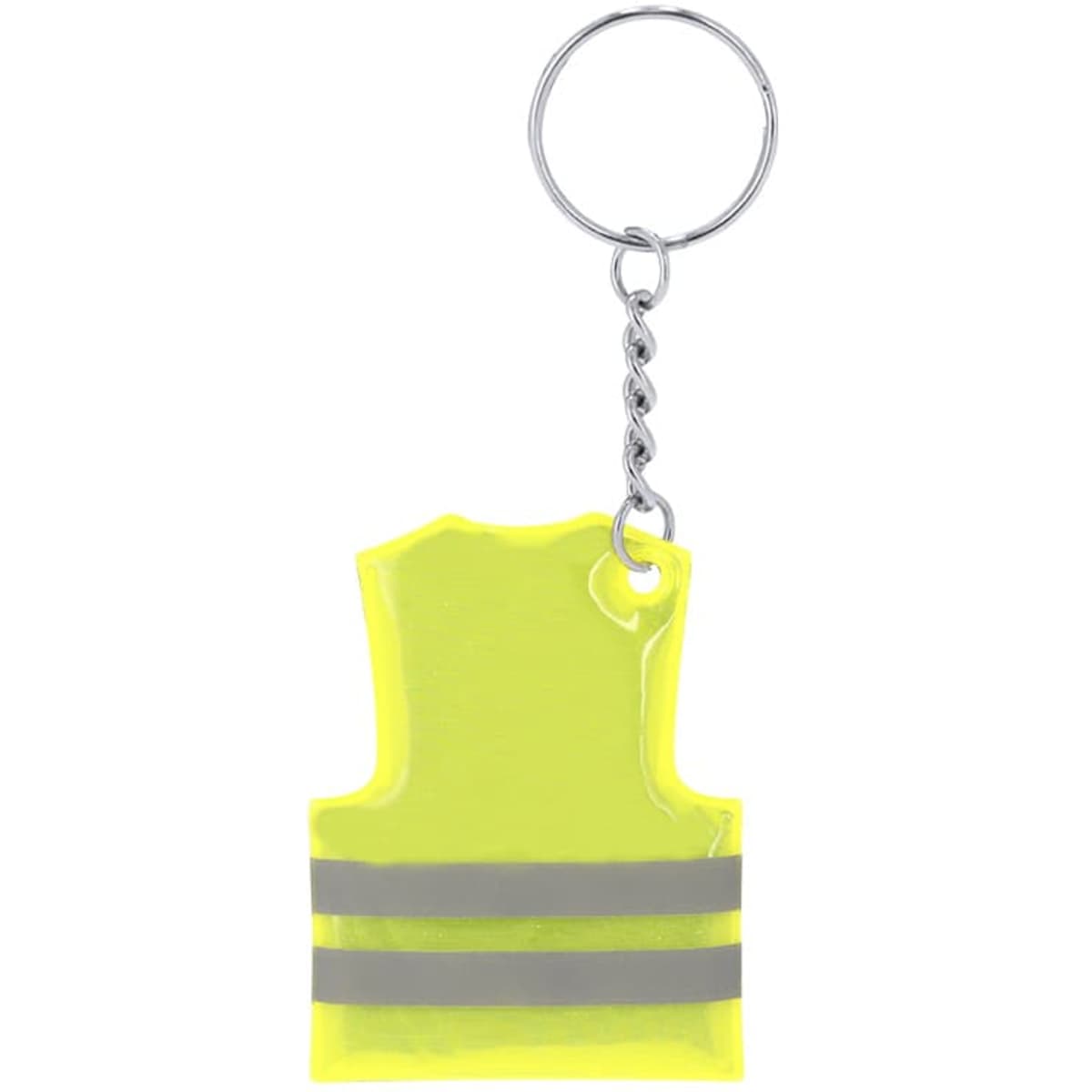 A bright yellow keyring shaped like a safety vest, featuring grey reflective stripes and attached to a metal chain.