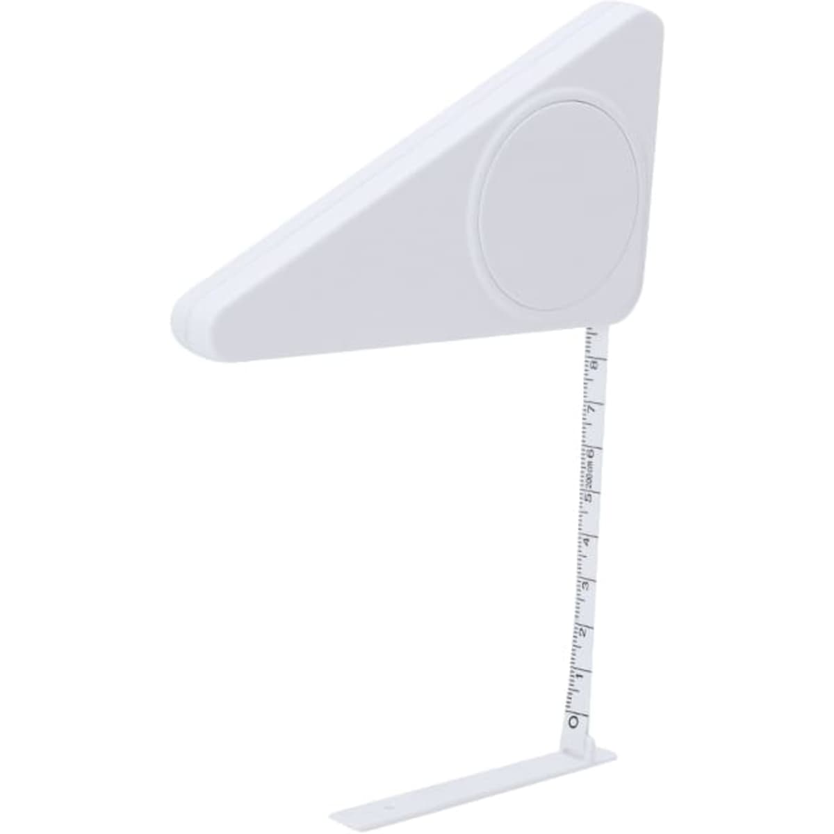 A white tape measure tool with a triangular design and a measuring strip extending from the base.